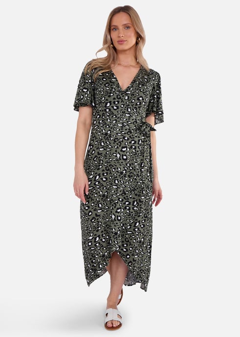 Khaki Animal Print Viscose Wrap Midi Dress - Image 1