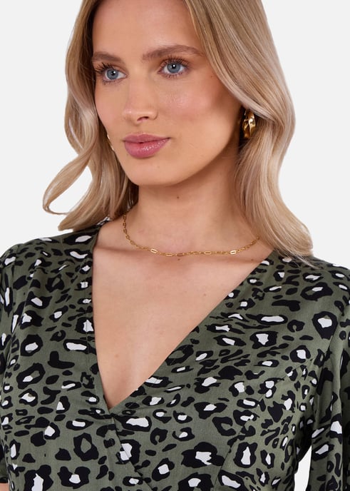 Khaki Animal Print Viscose Wrap Midi Dress - Image 2