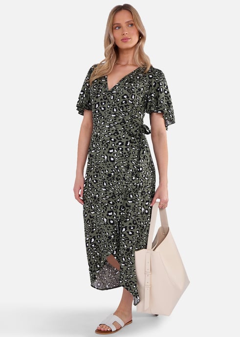 Khaki Animal Print Viscose Wrap Midi Dress - Image 3