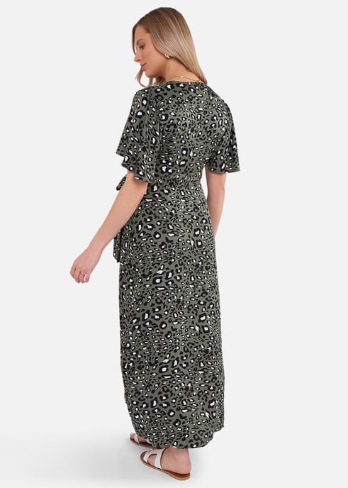 Khaki Animal Print Viscose Wrap Midi Dress - Image 4