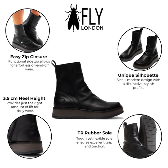Fly London Dam Svarta RENO053FLY Läder Platå Komfort Ankelstövlar med Dragkedja - Image 2