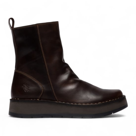Fly London Womens Dark Brown Reno Leather Zip Up Platform Comfort Ankle Boots - Image 1