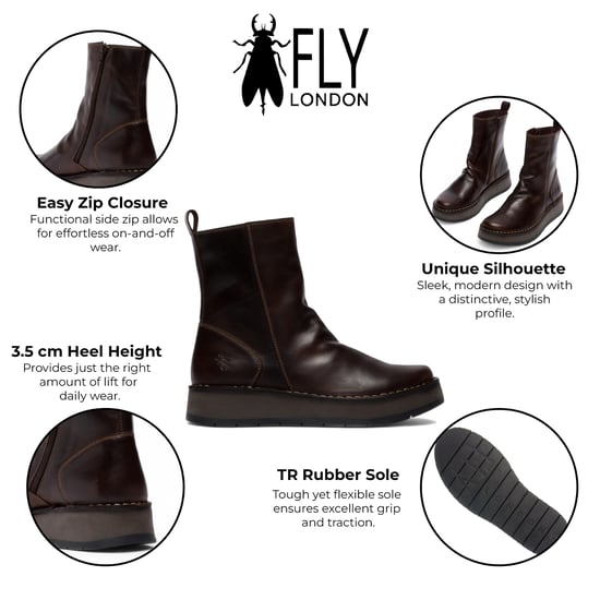 Fly London Dam Mörkbruna RENO053FLY Läder Platå Komfort Ankelstövlar med Dragkedja - Image 2