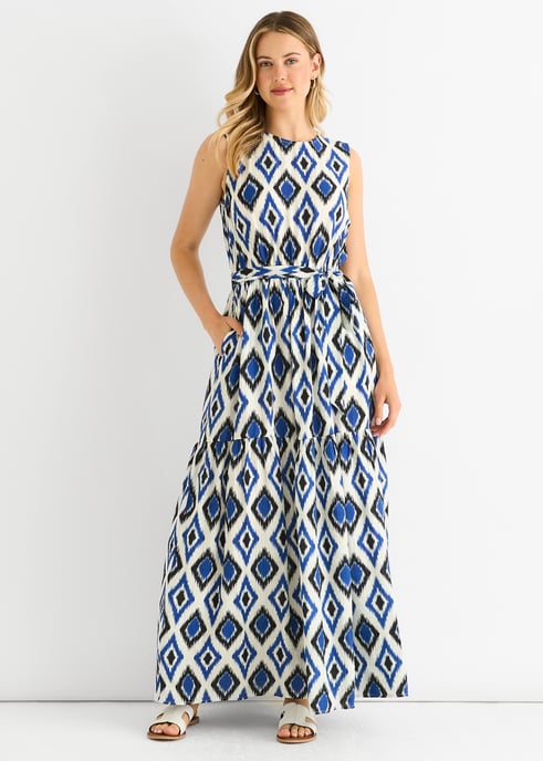 Blue Geo Print Elasticated Waist Midaxi Dress - Image 1