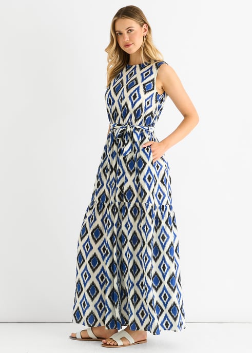 Blue Geo Print Elasticated Waist Midaxi Dress - Image 3