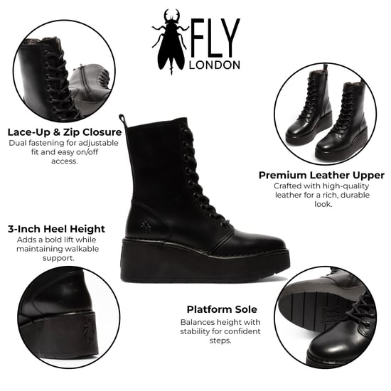 Fly London Dames Zwarte HAIT273 Leren Veterschoenen met Dikke Plateauzool - Image 2
