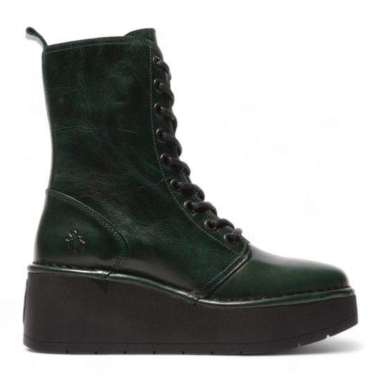 Fly London Womens Petrol Green Hait Leather Lace-up Chunky Platform Ankle Boots - Image 1