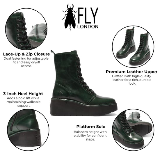 Fly London Womens Petrol Green Hait Leather Lace-up Chunky Platform Ankle Boots - Image 2