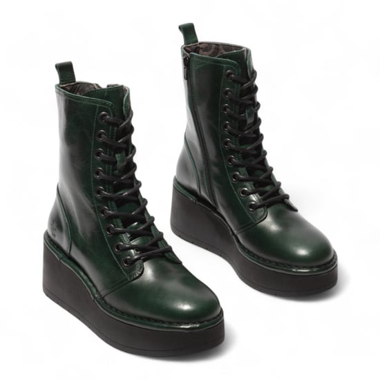 Fly London Womens Petrol Green Hait Leather Lace-up Chunky Platform Ankle Boots - Image 3