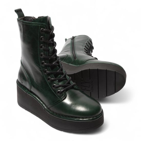 Fly London Womens Petrol Green Hait Leather Lace-up Chunky Platform Ankle Boots - Image 5