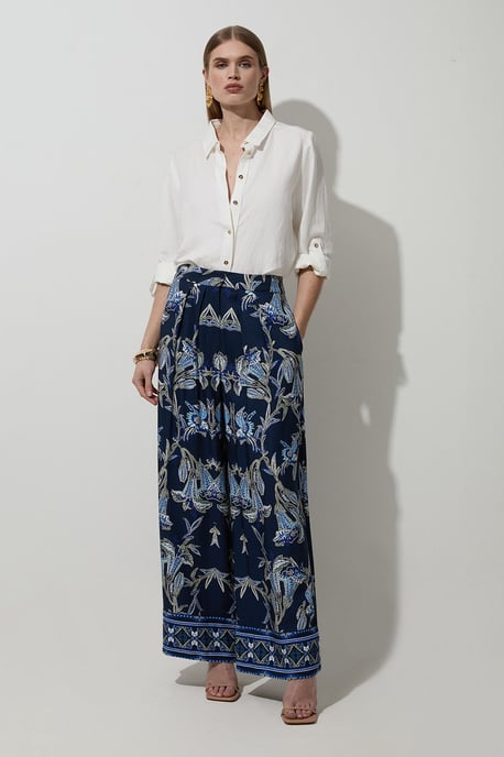 Viscose Linen Mirrored Floral Woven Straight Leg Trouser - Image 1