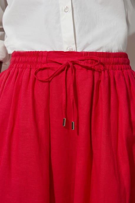 Viscose Linen Tie Waist Woven Full Midi Skirt - Image 3