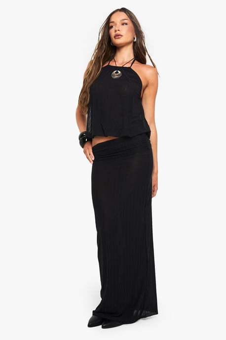Textured Shirred Foldover Waist Maxi Skirt - Image 3