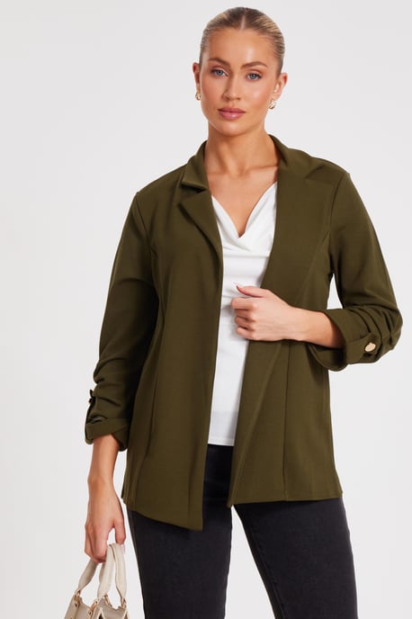 Khaki Ruched Sleeve Blazer - Image 1