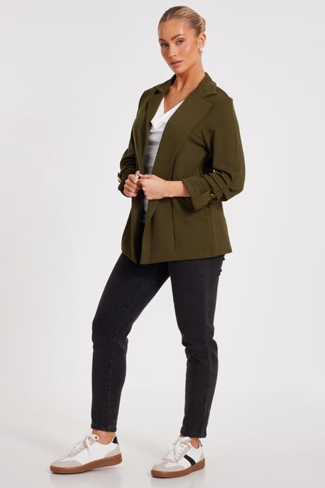 Khaki Ruched Sleeve Blazer - Image 4