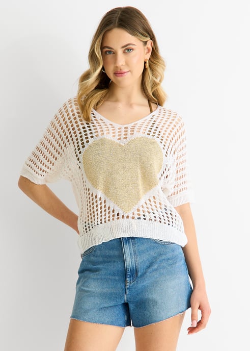 White Fish Net Heart Pattern Crochet Top - Image 2