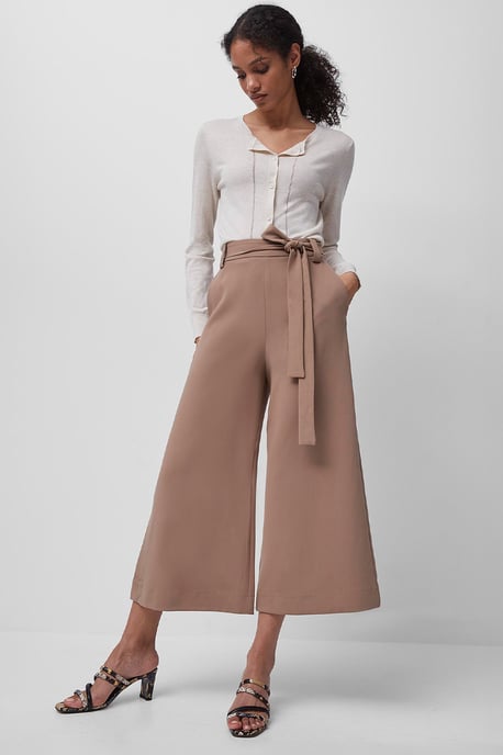 Brown Wide Leg Culottes With Self-Tie Belt - Image 3