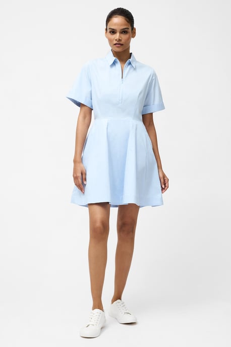 Blue Cotton Poplin Stretch Mini A-Line Relaxed Fit Shirt Dress - Image 3