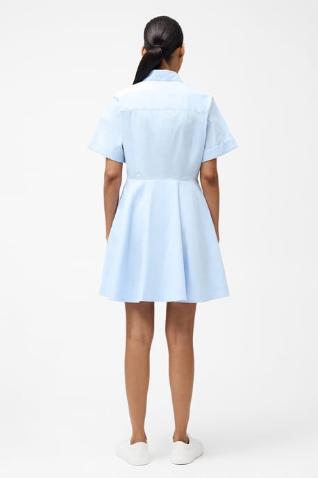 Blue Cotton Poplin Stretch Mini A-Line Relaxed Fit Shirt Dress - Image 4