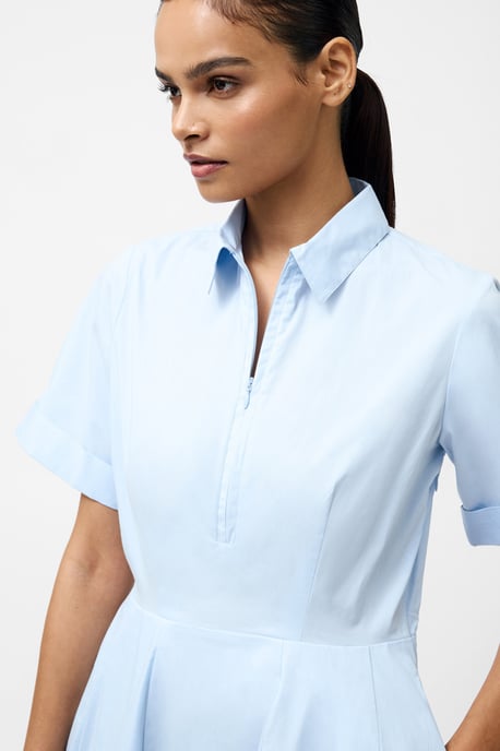 Blue Cotton Poplin Stretch Mini A-Line Relaxed Fit Shirt Dress - Image 5