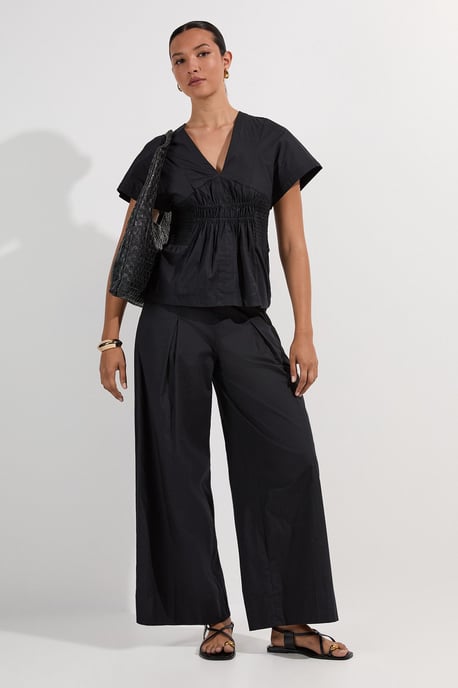 Shirred Cotton Woven Plunge Neck Short Sleeve Top - Image 3