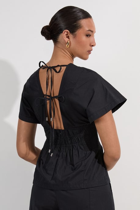 Shirred Cotton Woven Plunge Neck Short Sleeve Top - Image 5