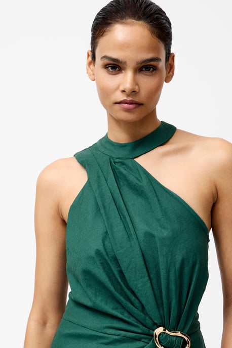 Green Linen Blend Draped Halter Midi Dress - Image 2