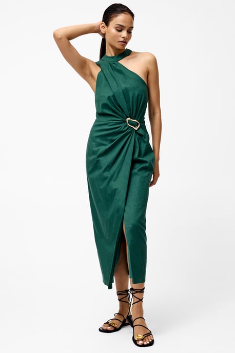 Green Linen Blend Draped Halter Midi Dress - Image 3