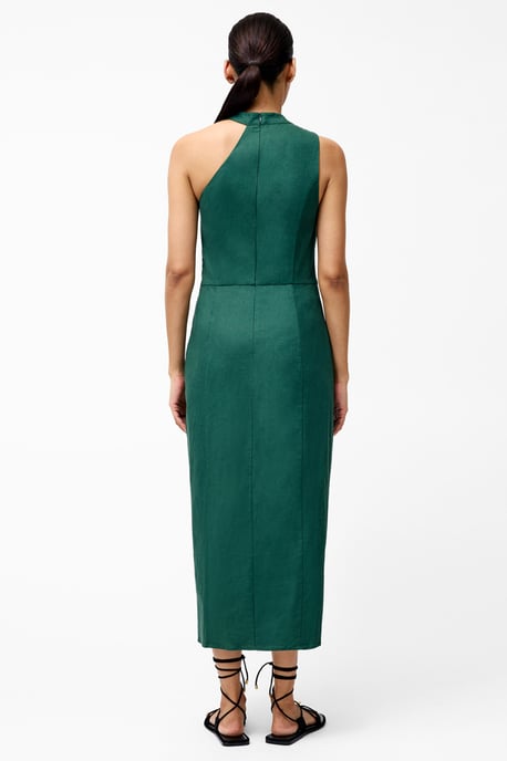 Green Linen Blend Draped Halter Midi Dress - Image 4