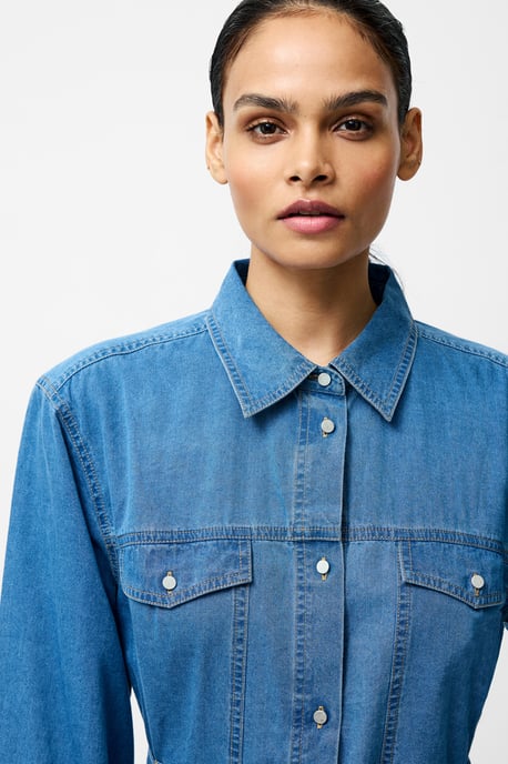 Blue Cotton Long Balloon Sleeve Button Up Self-Tie Denim Midi Dress - Image 2