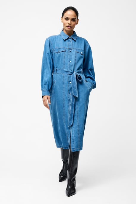Blue Cotton Long Balloon Sleeve Button Up Self-Tie Denim Midi Dress - Image 3