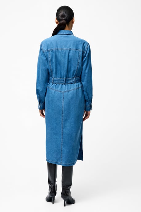 Blue Cotton Long Balloon Sleeve Button Up Self-Tie Denim Midi Dress - Image 4