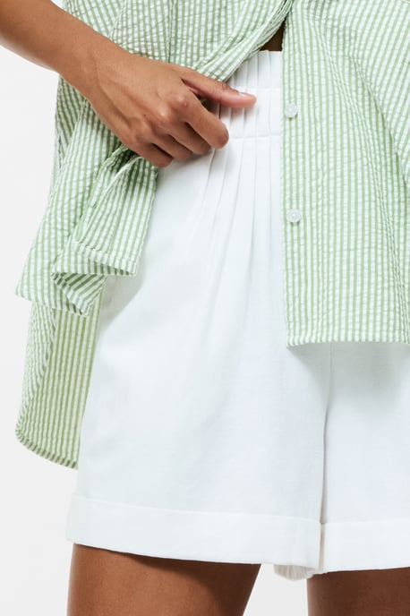 White Cotton Blend Ruffled Loose Pleated Shorts - Image 2