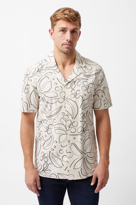 Stone Cotton Floral Print Short Sleeve Button Up Shirt - Image 1
