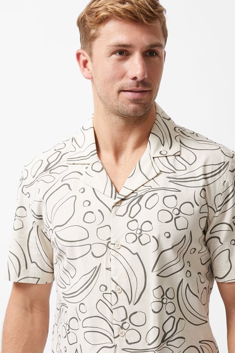 Stone Cotton Floral Print Short Sleeve Button Up Shirt - Image 3