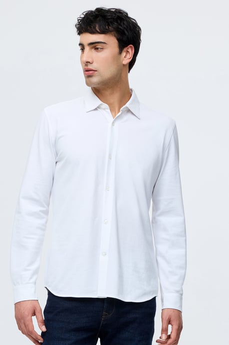 White Cotton Stretch Pique Jersey Long Sleeve Button Up Shirt - Image 1