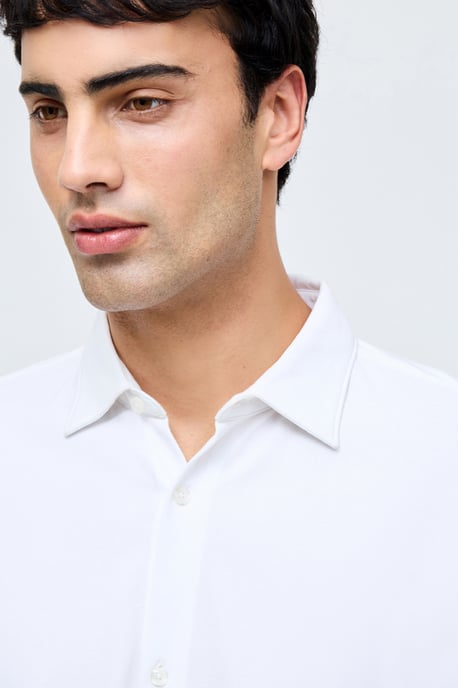 White Cotton Stretch Pique Jersey Long Sleeve Button Up Shirt - Image 3