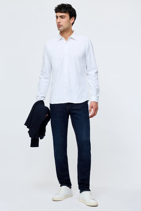 White Cotton Stretch Pique Jersey Long Sleeve Button Up Shirt - Image 4