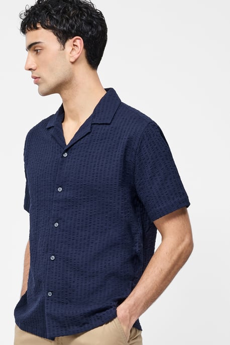 Navy Cotton Seersucker Crinkle Short Sleeve Button Up Shirt - Image 1