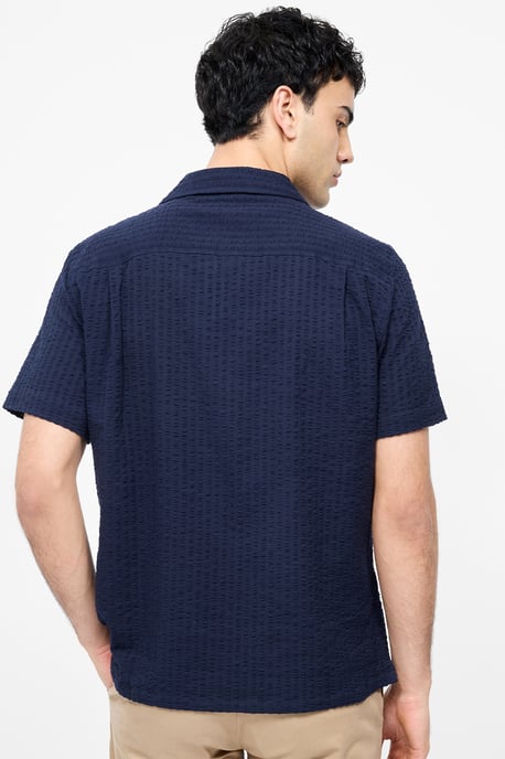 Navy Cotton Seersucker Crinkle Short Sleeve Button Up Shirt - Image 2