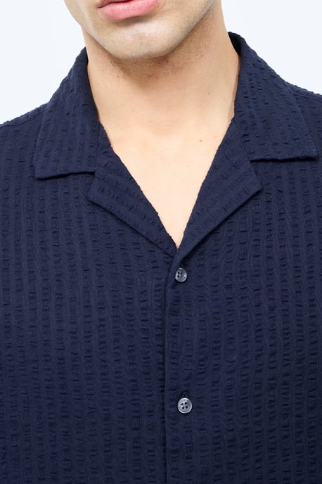 Navy Cotton Seersucker Crinkle Short Sleeve Button Up Shirt - Image 3