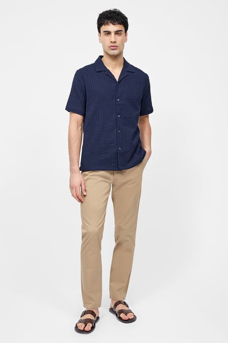 Navy Cotton Seersucker Crinkle Short Sleeve Button Up Shirt - Image 4
