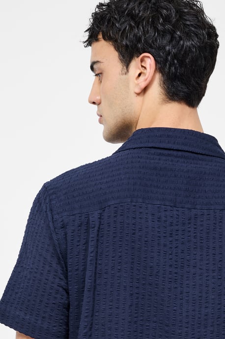 Navy Cotton Seersucker Crinkle Short Sleeve Button Up Shirt - Image 5