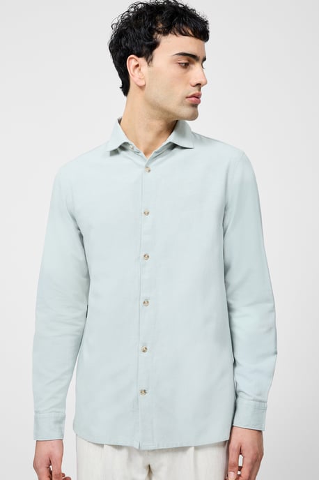 Green Linen Blend Chest Pocket Short Sleeve Button Up Shirt - Image 1