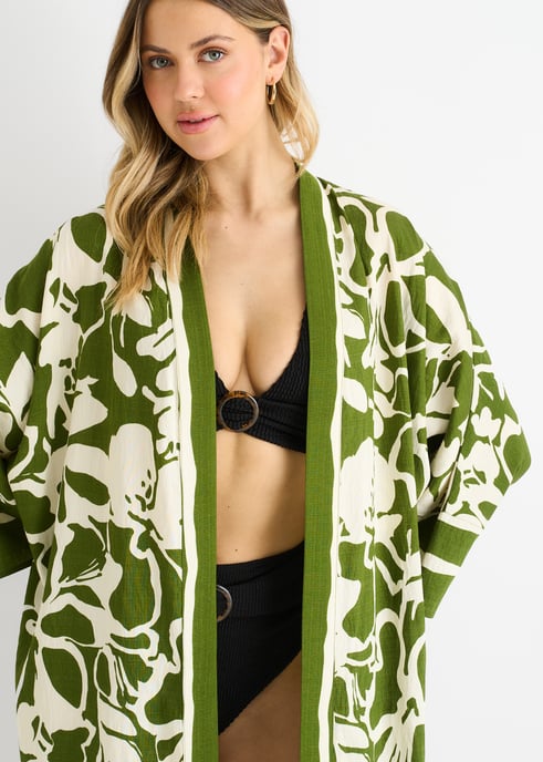 Green Summer Border Printed Beach Kimono - Image 2