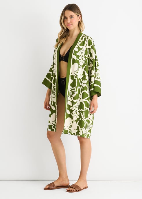 Green Summer Border Printed Beach Kimono - Image 3