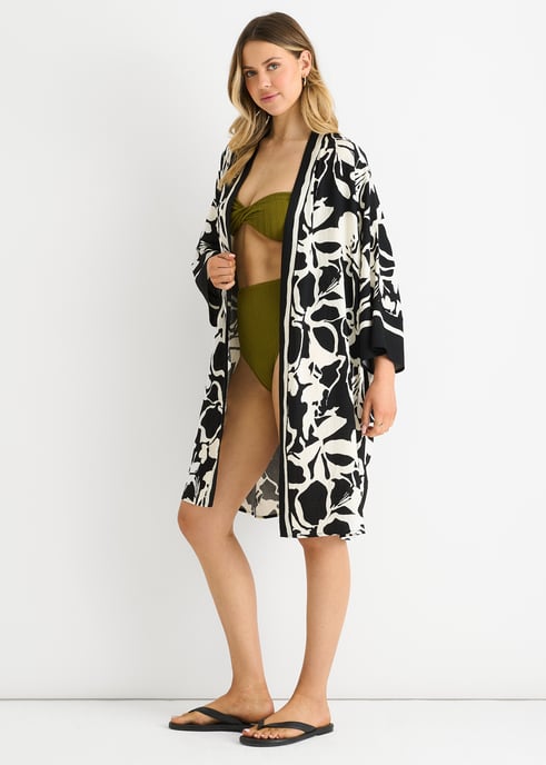 Svart Sommar Border Tryckt Beach Kimono - Image 3