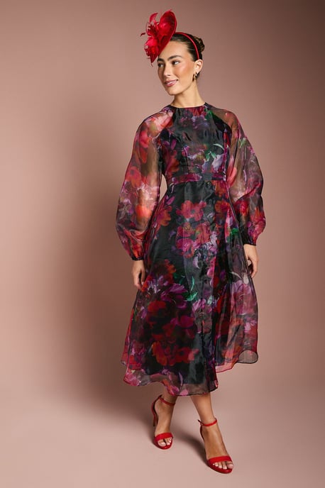 Organza Wrap Waist Puff Sleeve Midi Dress - Image 1