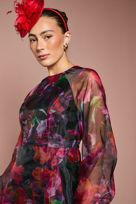 Organza Wrap Waist Puff Sleeve Midi Dress - Image 2
