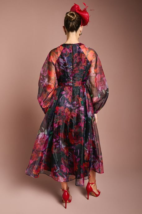 Organza Wrap Waist Puff Sleeve Midi Dress - Image 3